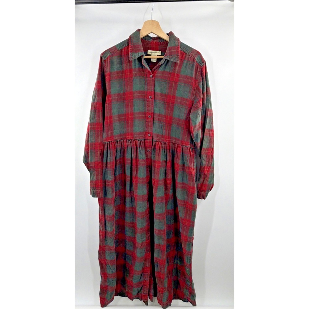 VTG Eddie Bauer Dress Womens Large Red Plaid Cotton Flannel Pockets Cabincore